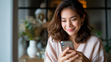 Close up of young asian woman using smartphone for online shopping and internet banking via mobile app, smiling woman typing on mobile phone, surfing net and social media network, 