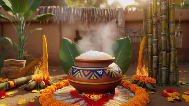 Pongal Festival Village Scene with Clay Pot and Sugarcane Decoration , banana leaf Video. South Indian festival.