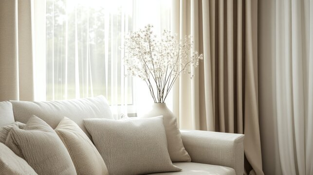 Beautifully arranged curtains in neutral tones decorating a bright window, enhancing the elegance of modern home decor