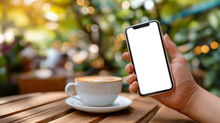 Cell phone blank white screen mockup, woman hand holding mobile phone at coffee shop, empty white screen for social media marketing or mobile app design, close up, with copy space