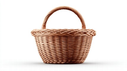 Woven wicker basket with a handle against a white background.