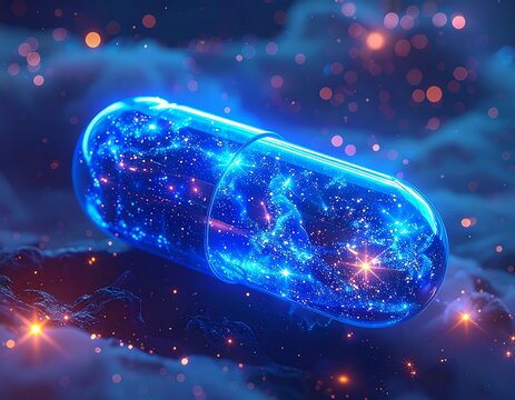 Glowing pharmaceutical capsule filled with a nebula amidst ethereal clouds