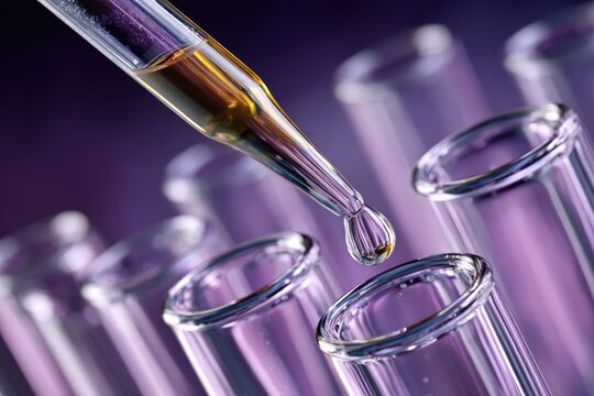 Precision Pipette Droplet Over Glass Test Tubes in a Purple Laboratory Scene Highlighting Scientific Research, Lab Equipment, and Chemistry for Stock Photography