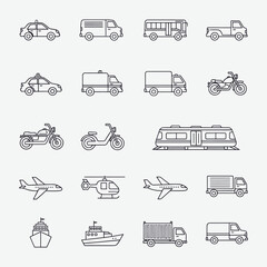 Transport and Vehicles Line Icons Set – Car, Bike, Plane, Bicycle, and Transportation Vector Collection