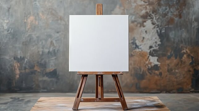 Blank canvas on rustic wooden easel set against soft gradient background, creating a clean, modern creative workspace scene