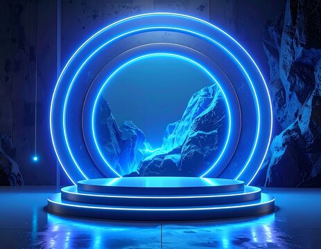 Illuminated product pedestal with mountain background and neon circle - Powered by Adobe