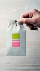 A hand holds up a small, light-colored fabric pouch tied with twine, featuring a simple graphic of stacked colored rectangles.