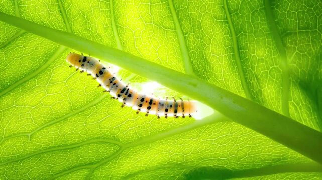 Green caterpillar on a leaf closeup in nature