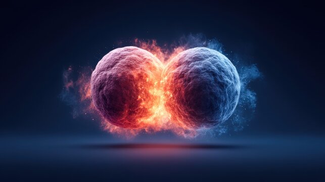 Abstract illustration of two glowing spheres with fiery energy. - Powered by Adobe