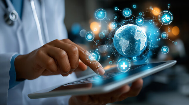 Medical technology, online health, global health network and tourism concept, doctor using digital tablet and laptop computer with medical technology internet network icons, teleme