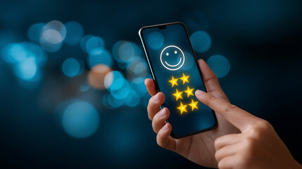 Customer review satisfaction feedback survey concept, customer pressing smile face and five stars on mobile phone screen for service rating, user experience review interface, glowi