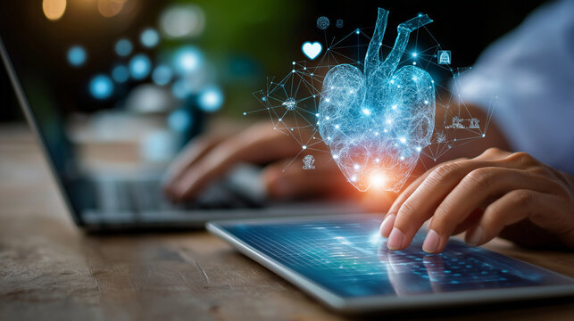 Medical technology, online health and global network concept, doctor using digital tablet and laptop with hologram medical icons and connection lines, digital healthcare technology