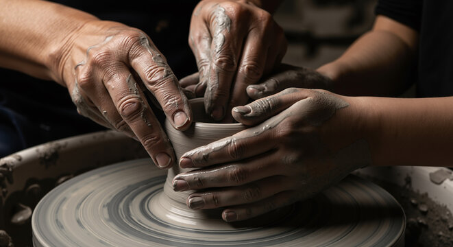 Close-up of adult hands guiding a child's hands to shape clay on a pottery wheel in a workshop.