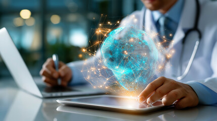Medical technology, online health, global health network and tourism concept, doctor using digital tablet and laptop computer with medical network connection overlay, modern hospit