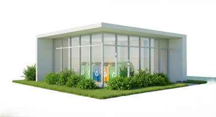Three colorful recycling bins sit within a modern glass and white building, surrounded by greenery.
