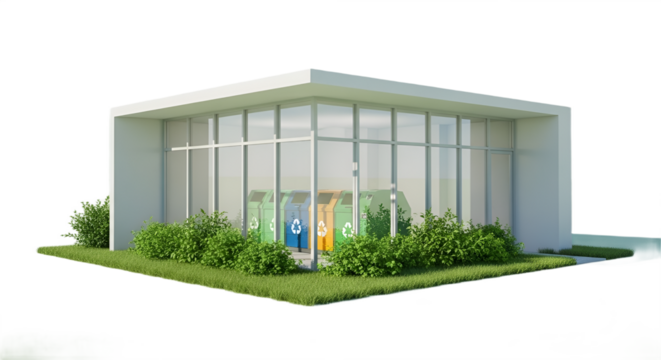 Three colorful recycling bins sit within a modern glass and white building, surrounded by greenery.