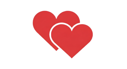 Two red heart shapes overlap on a solid black background, symbolizing affection and connection.