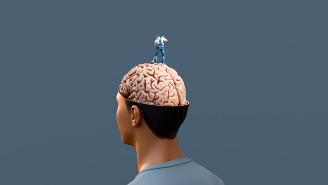 Man cleaning his own brain with a broom, symbol of mental clarity and self-maintenance -  representing mindfulness, therapy, stress relief, and personal growth, 3d render