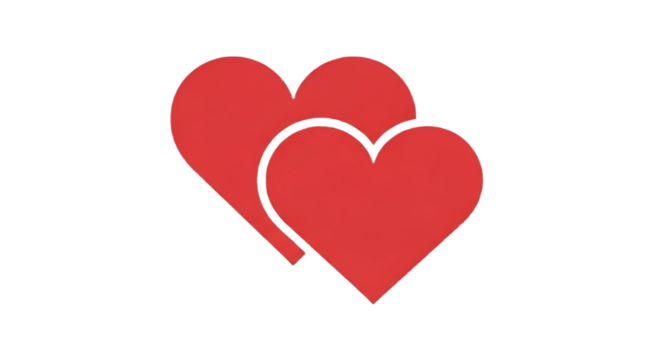 Two red heart shapes overlap on a solid black background, symbolizing affection and connection.
