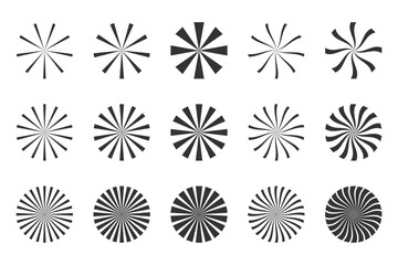 Black Sunburst Vector Set – Radial Stripes, Geometric Lines, Swirl and Abstract Circle Burst
