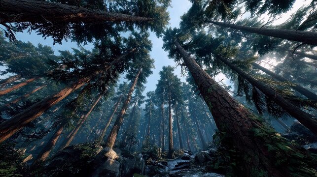 A low-angle view looking up at the canopy of a dense, misty forest with tall evergreen trees and a clear sky visible above.