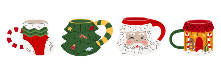 set of colorful cute mugs with Christmas, winter themes artistic. Gingerbread house, Santa Claus, Christmas tree, and gift sack. Mugs with festive characters for cozy winter drinks, holiday prints