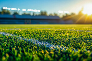 Morning sunlight reflects off dew-covered grass at a sports field, creating a vibrant atmosphere for athletes preparing for a match