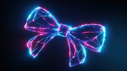 neon glowing bow with cyan and magenta lights floating in abstract dark digital space, cyber monday sale concept