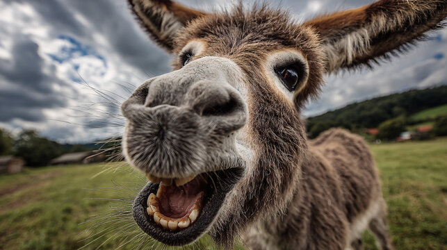 a brown mule laughing exaggeratedly with its mouth wide open - green countryside field.