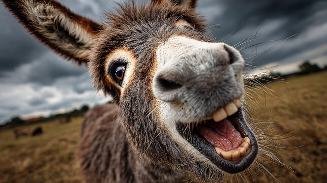 a brown mule laughing exaggeratedly with its mouth wide open - green countryside field.