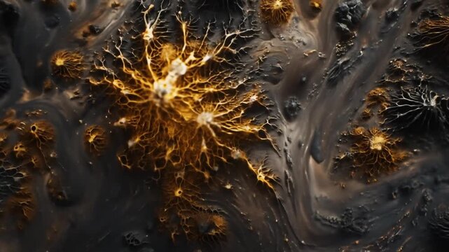 Abstract close-up of dark textured surface with glowing golden energy bursts, resembling neural networks, cosmic energy, or microbial life.