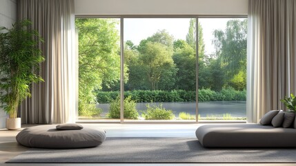 Fototapeta premium Bright room interior with modern curtains on large windows, combining function and style for elegant home decoration