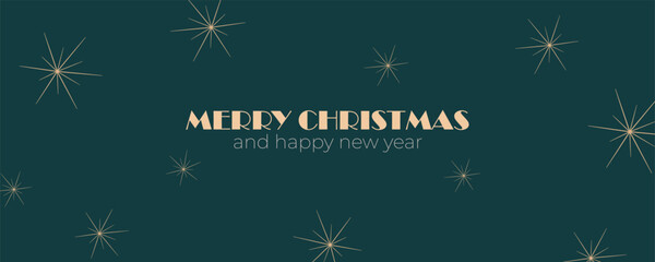 Minimalist Christmas banner with gold Art Deco stars. Merry Christmas and Happy New Year