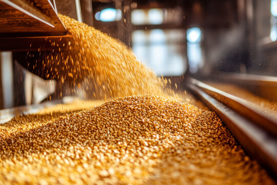 Wheat flows from industrial equipment, creating a vibrant scene in a grain facility during the warm glow of sunset