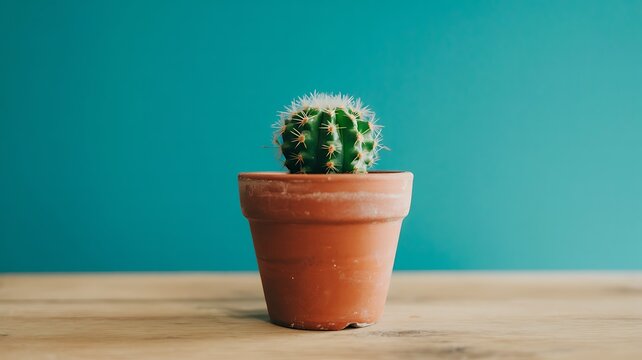 Small potted cactus plant on a wooden table with blue background - Powered by Adobe