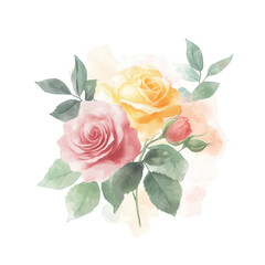 A beautiful watercolor illustration of pink and yellow roses surrounded by green leaves. creating a serene and elegant floral arrangement ideal for greeting cards or home decor
