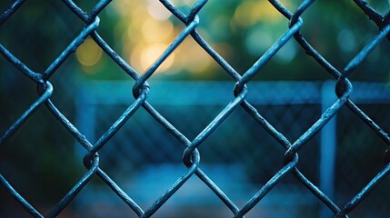 Fototapeta premium Chain-link metal fence in focus with soft blurred edges, creating depth and moody industrial atmosphere