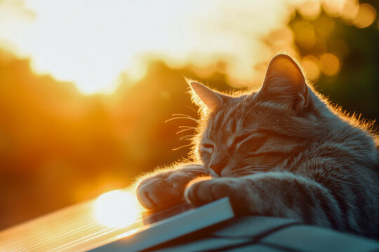 A tabby cat peacefully rests on a wooden surface, bathed in the warm glow of sunset, creating a serene atmosphere of nature - Powered by Adobe