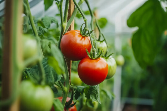 Bright red tomatoes hang from lush green vines in a greenhouse filled with sunlight, showcasing nature's bounty in summer