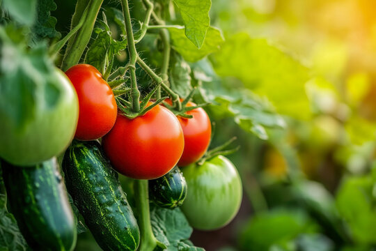 Bright red tomatoes and green cucumbers hang together in a lush garden bathed in warm morning light, showcasing nature's bounty