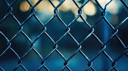Fototapeta premium Chain-link metal fence in focus with soft blurred edges, creating depth and moody industrial atmosphere