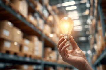 Holding a Glowing Lightbulb in a Warehouse: Symbol of Innovation, Bright Ideas, and Creative Energy for Business