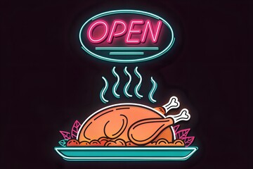 Neon Sign Open Roasted Turkey Dinner Illustration for Thanksgiving Restaurant