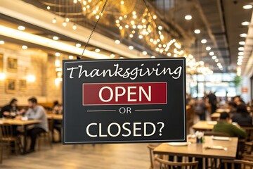 Thanksgiving Open or Closed Sign in Restaurant Window with Bokeh Lights