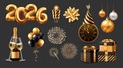 Golden black new year 2026 icon set realistic collection