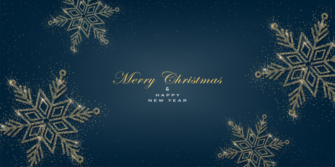 Greeting card with christmas  snowflakes made from gold glitter on black background.New year them. Vector illustration.