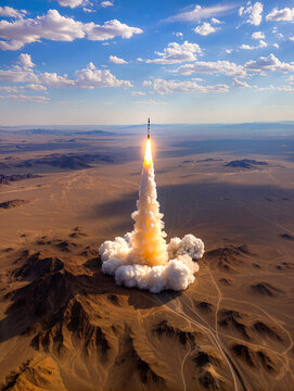 Dramatic missile launch in dessert  against blue sky background