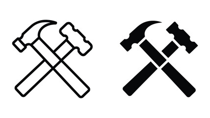 Crossed hammers icon representing essential construction, carpentry, repair, and building trades with both outline and solid design variations.