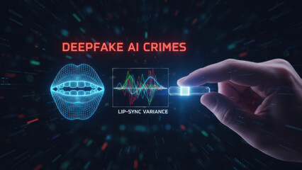 Deepfake ai crimes concept with digital lips and hand holding data chip illustrating lip sync variance detection technology