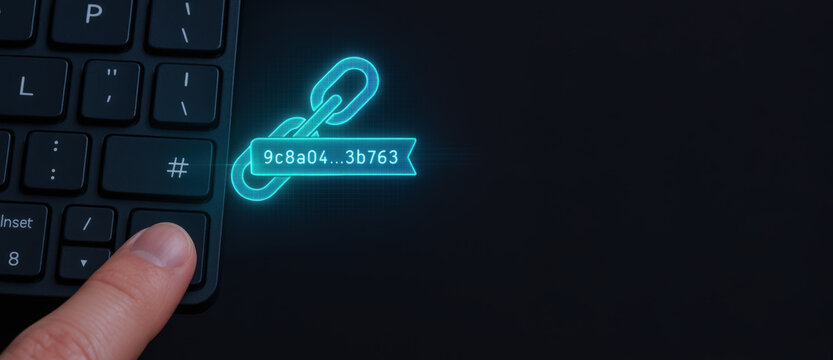 Blockchain technology concept with digital chain link and finger pressing keyboard key symbolizing deepfake and ai crimes prevention